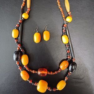 Yellow/Orange/Black Stone Necklace and Earring Set 5.2 oz., 27 in. Length.